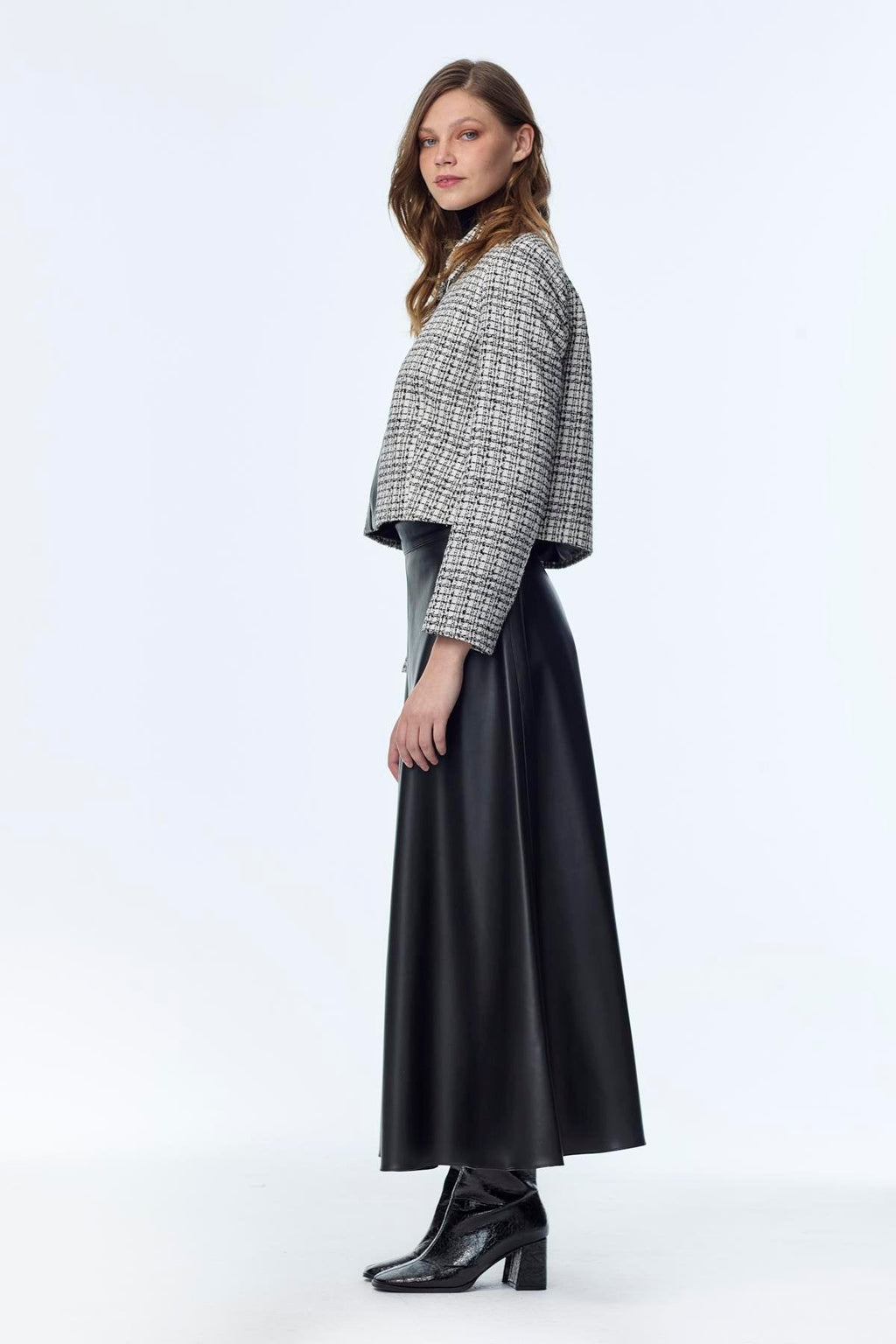 Tweed Desenli Deri Detaylı Ikili Ekru/siyah Takım 1658