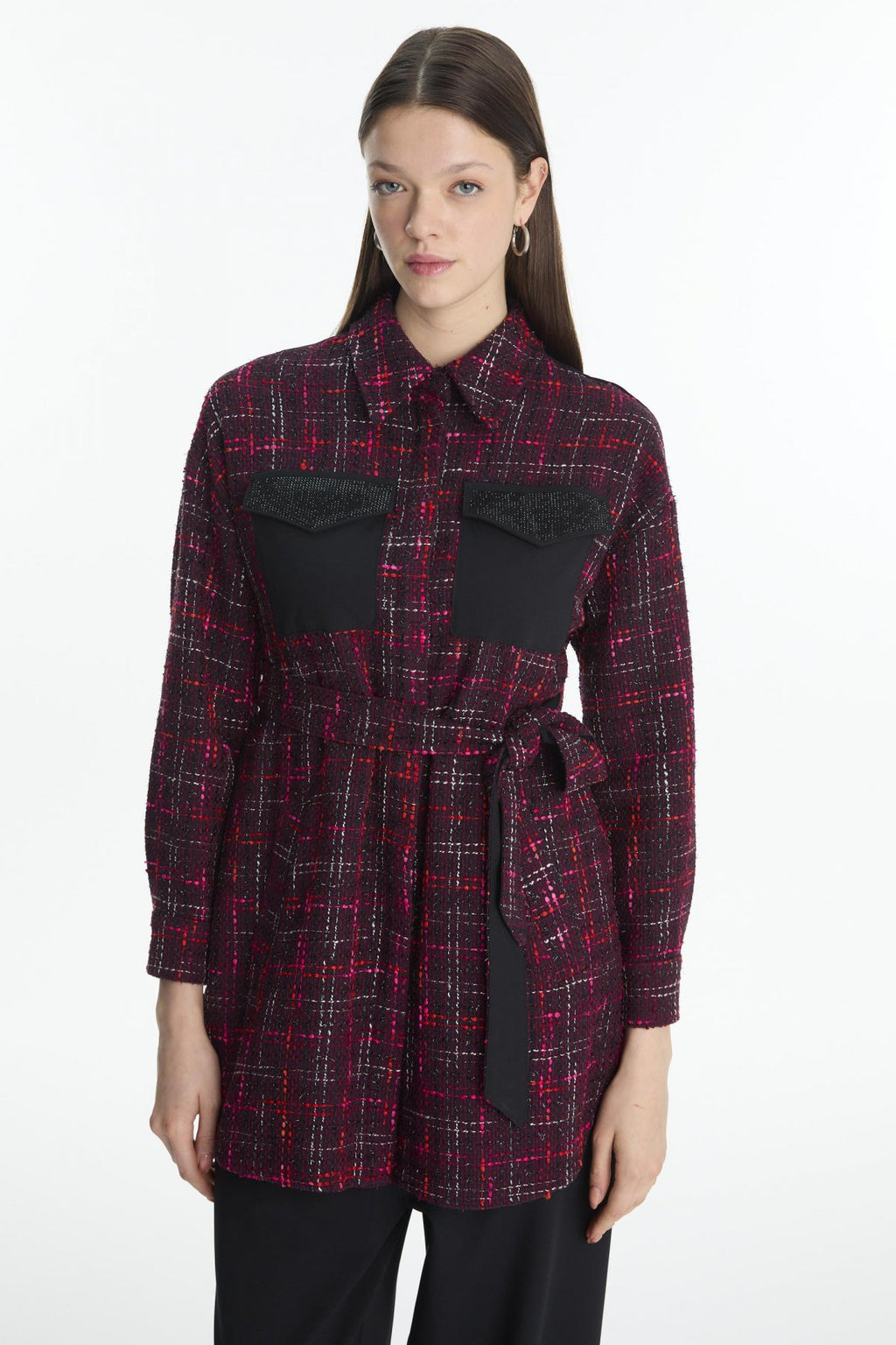 Tweed Desenli Kuşaklı Ikili Mürdüm Takım 1704