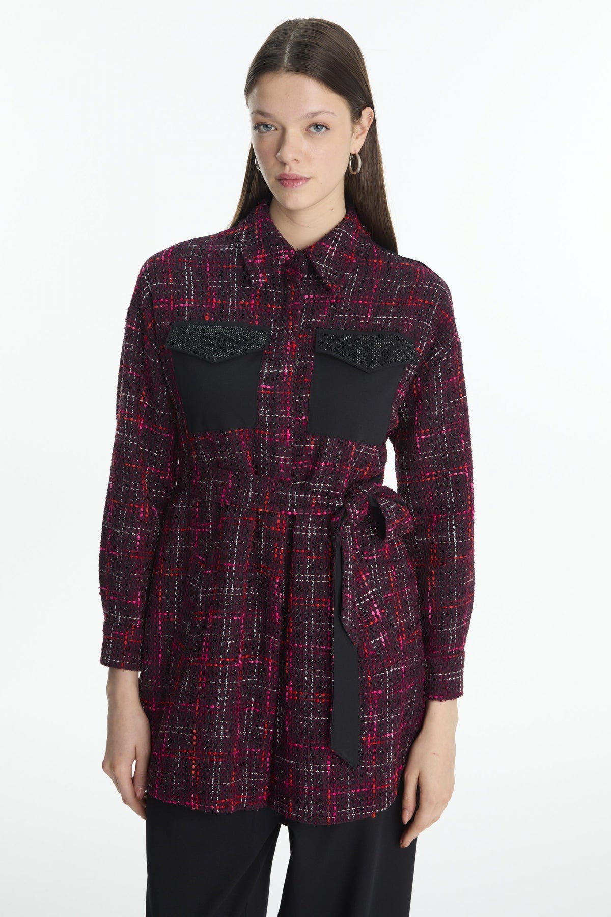 Tweed Desenli Kuşaklı Ikili Mürdüm Takım 1704