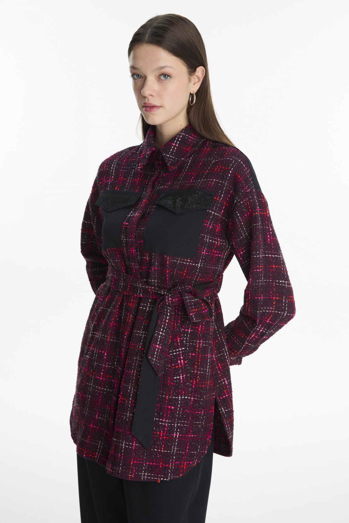 Tweed Desenli Kuşaklı Ikili Mürdüm Takım 1704