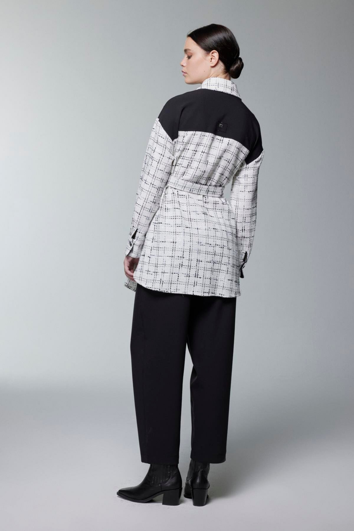 Tweed Desenli Kuşaklı Ikili Ekru Takım 1704