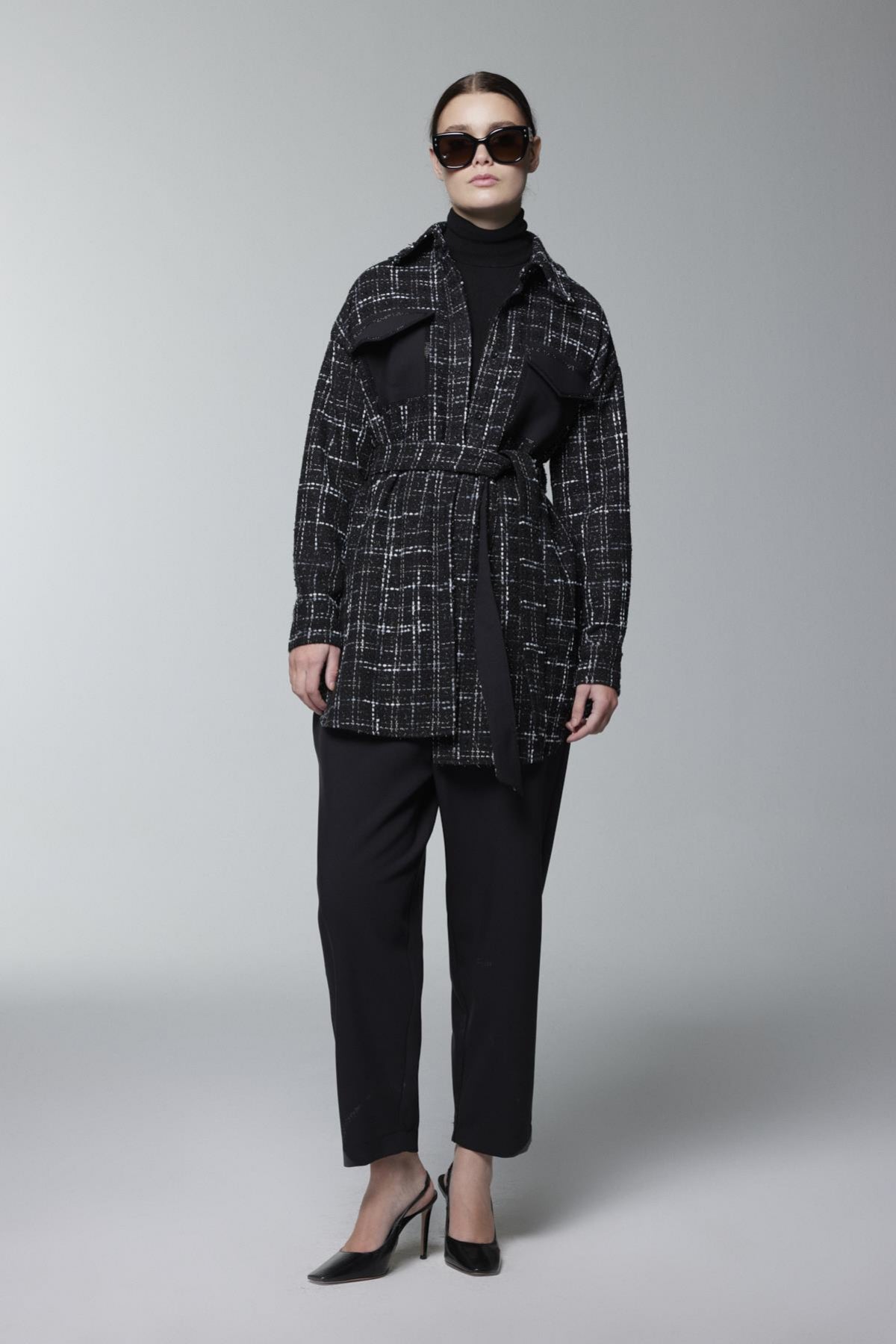 Tweed Desenli Kuşaklı Ikili Siyah Takım 1704