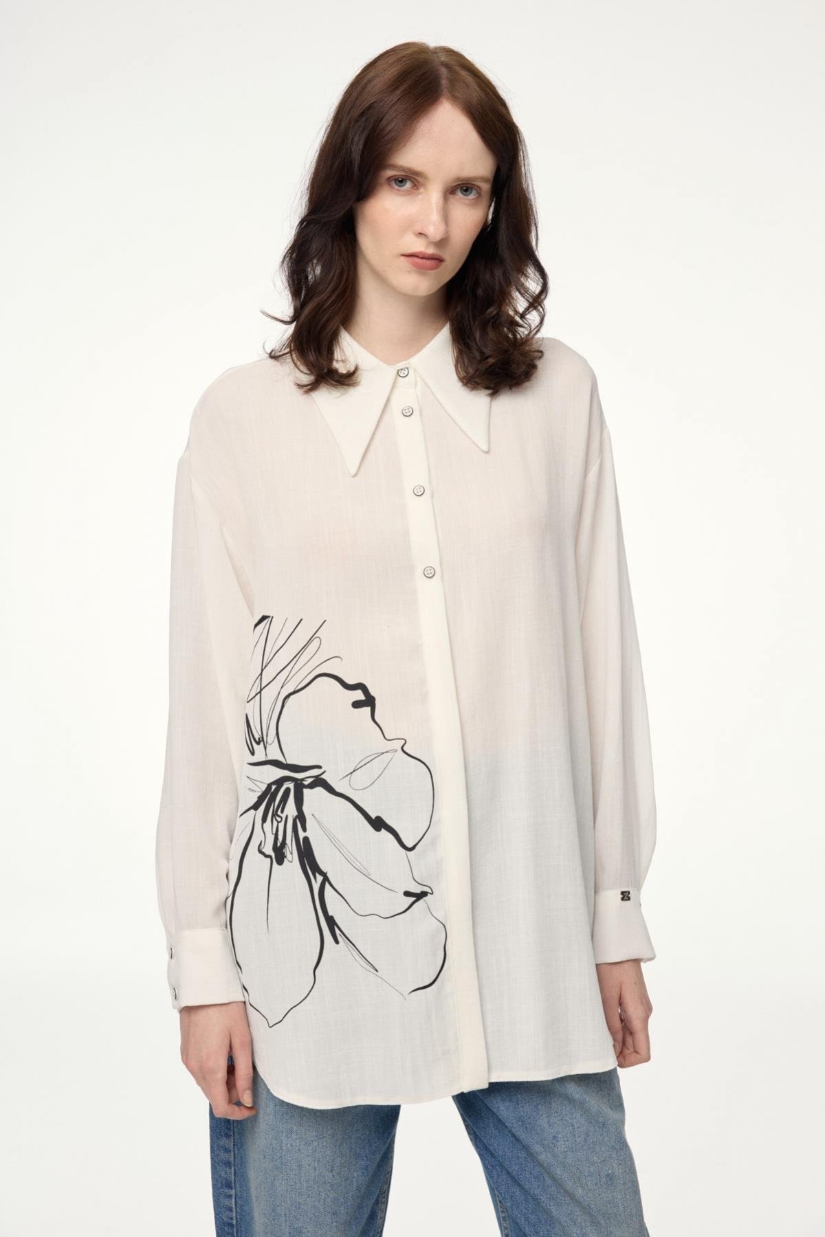 Desenli Uzun Kollu Gömlek Ekru Bluz/Gömlek 0110
