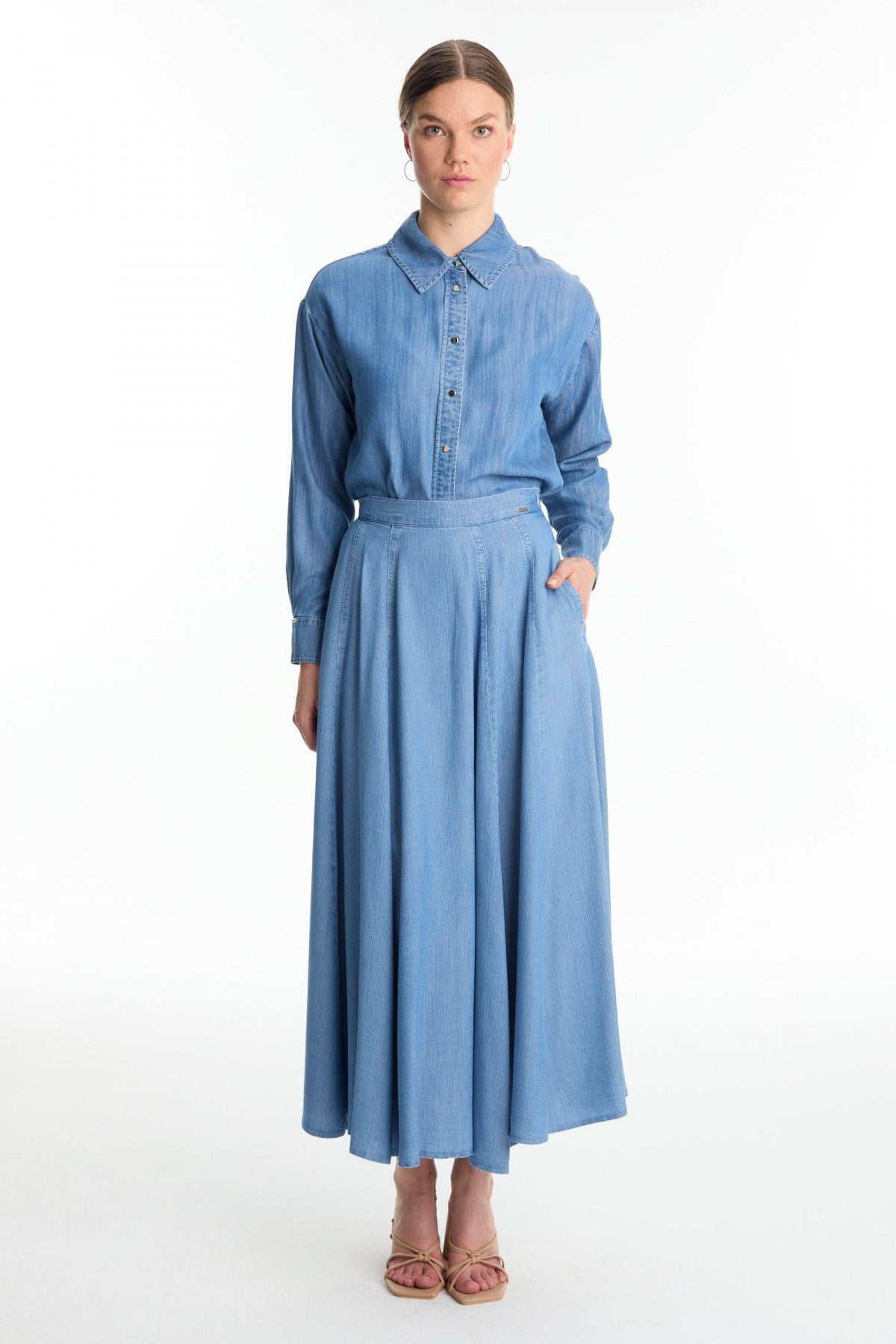 Yüksek Bel Cepli Denim Mavi Etek 0144