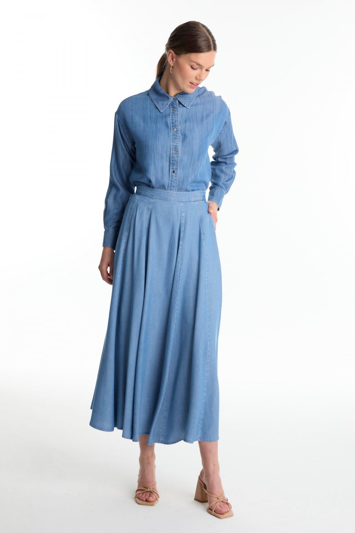 Yüksek Bel Cepli Denim Mavi Etek 0144