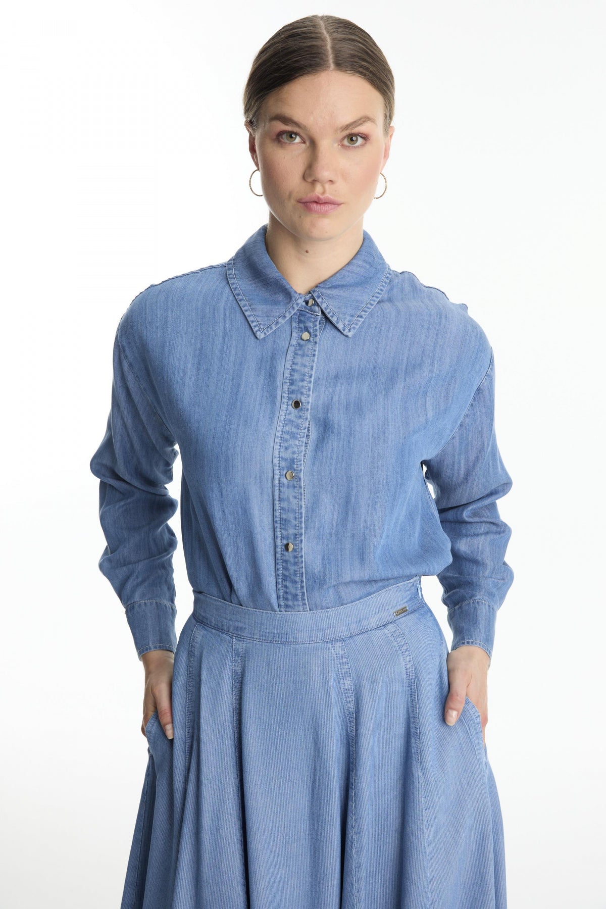 Yüksek Bel Cepli Denim Mavi Etek 0144