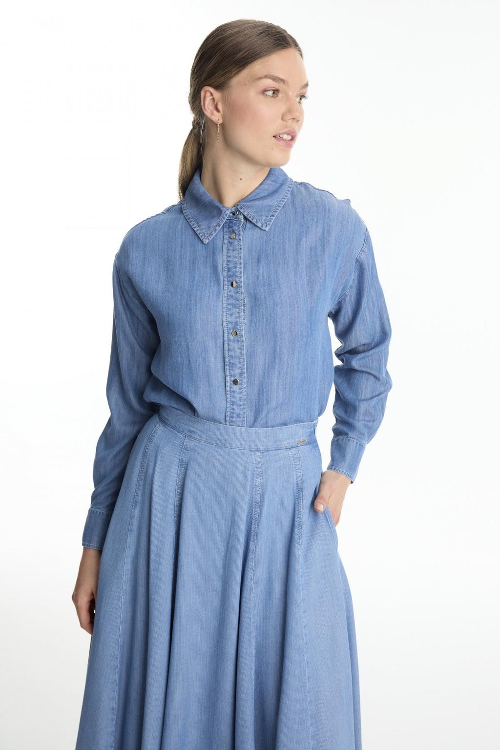 Yüksek Bel Cepli Denim Mavi Etek 0144