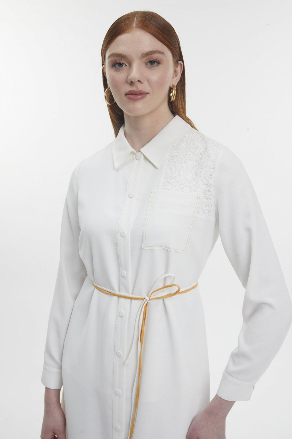 Gömlek Yaka Dantel Detaylı Uzun Ekru Tunik 1451