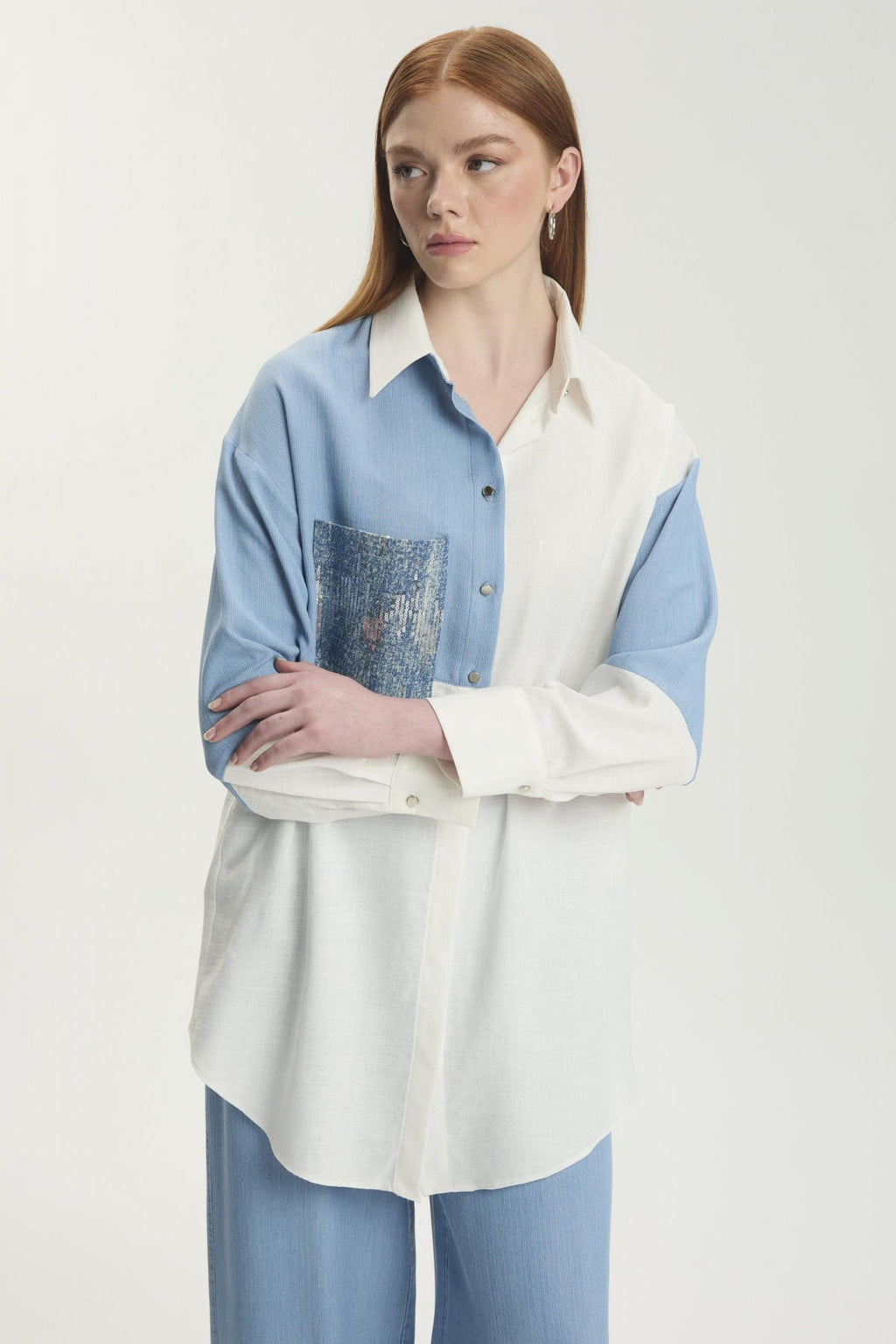 Renk Bloklu Cep Pullu Ekru Tunik 1561