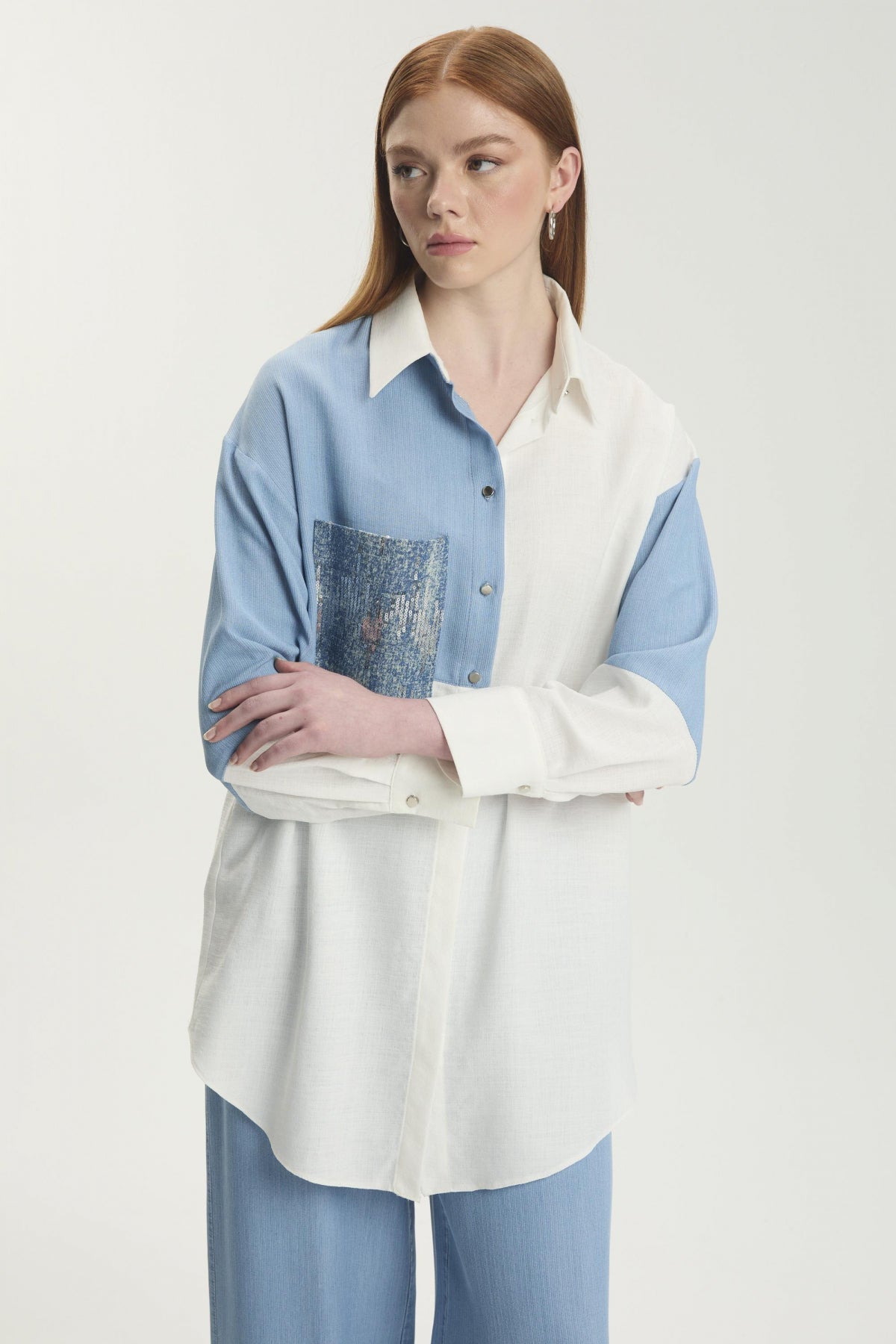 Renk Bloklu Cep Pullu Ekru Tunik 1561