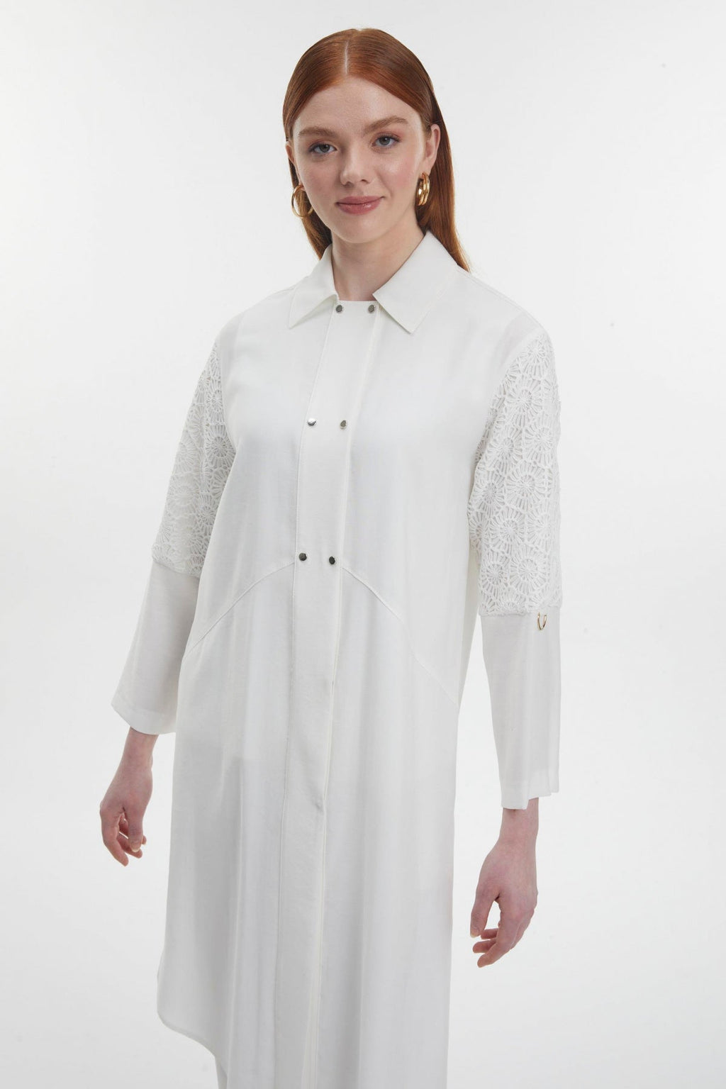 Gömlek Yaka Dantel Detaylı Uzun Ekru Tunik 1575