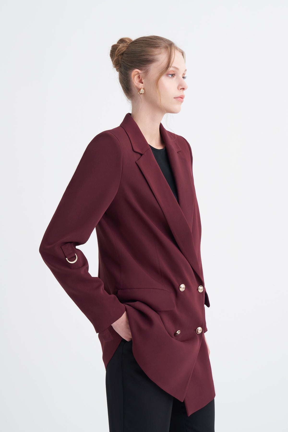 Kruvaze Yaka Aksesuar Detaylı Oversize Uzun Astarlı Bordo Ceket 0002