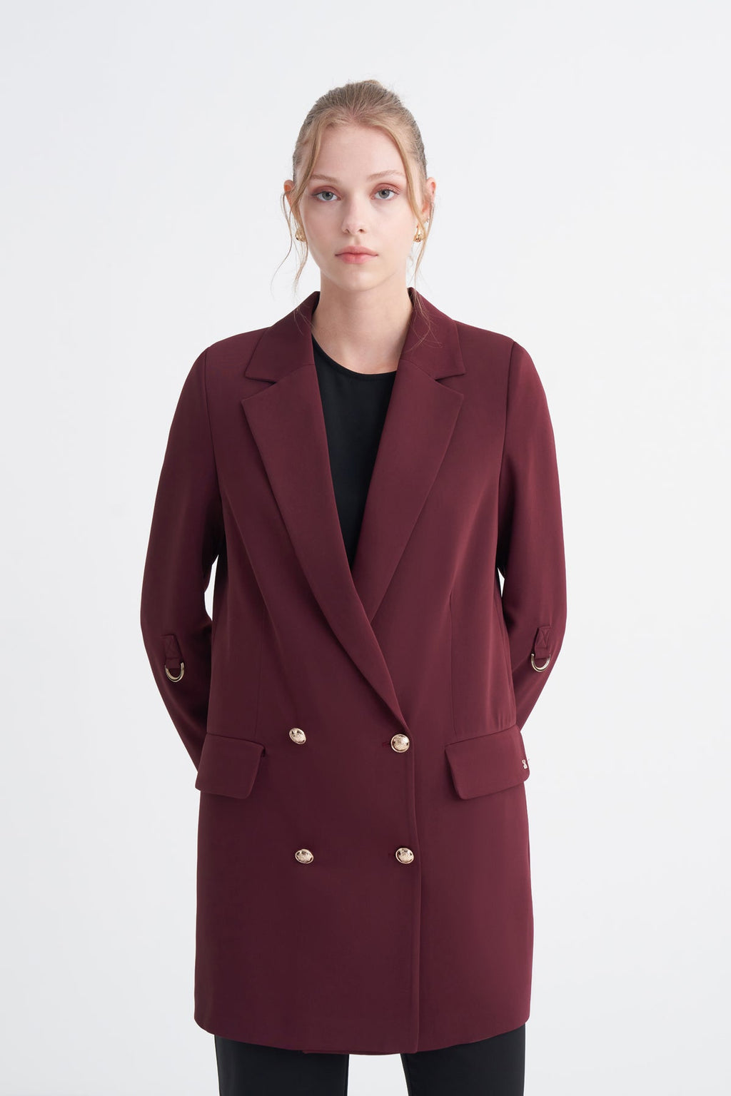 Kruvaze Yaka Aksesuar Detaylı Oversize Uzun Astarlı Bordo Ceket 0002