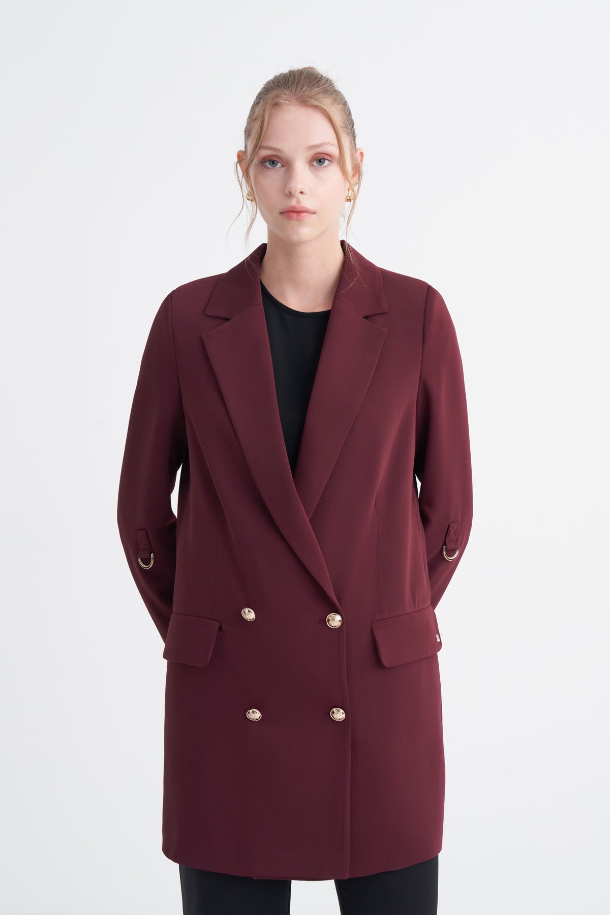 Kruvaze Yaka Aksesuar Detaylı Oversize Uzun Astarlı Bordo Ceket 0002