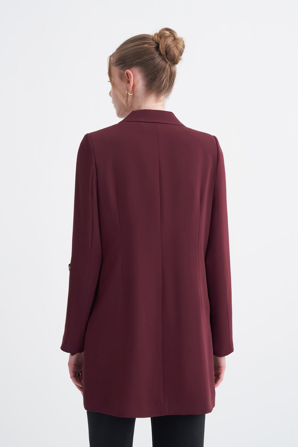 Kruvaze Yaka Aksesuar Detaylı Oversize Uzun Astarlı Bordo Ceket 0002