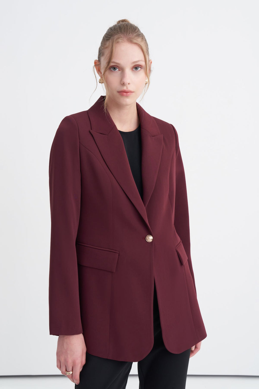 Kruvaze Yaka Tek Düğmeli Blazer Astarlı Bordo Ceket 0070