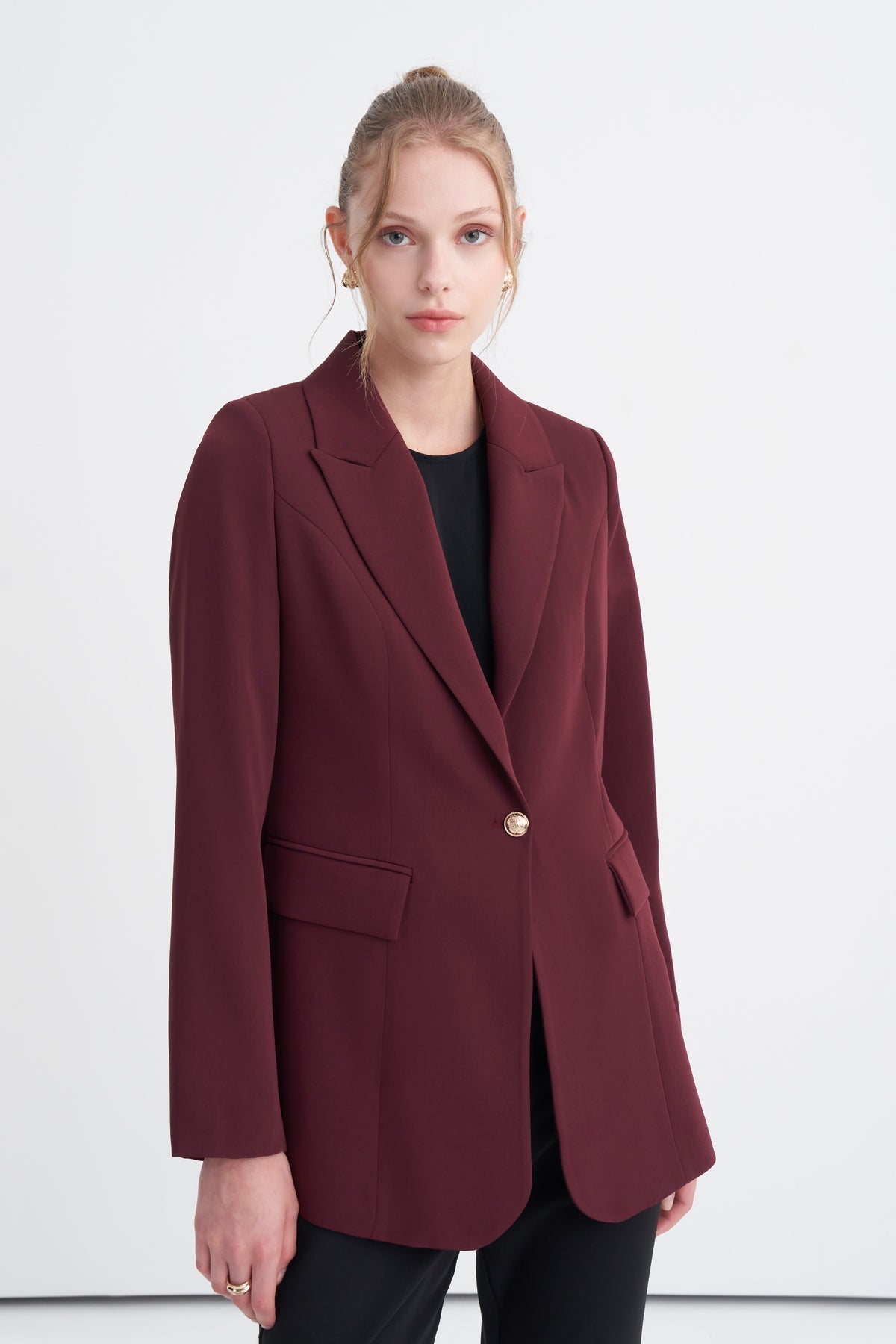 Kruvaze Yaka Tek Düğmeli Blazer Astarlı Bordo Ceket 0070
