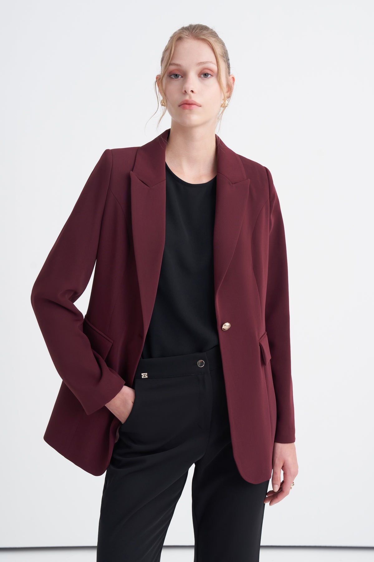 Kruvaze Yaka Tek Düğmeli Blazer Astarlı Bordo Ceket 0070