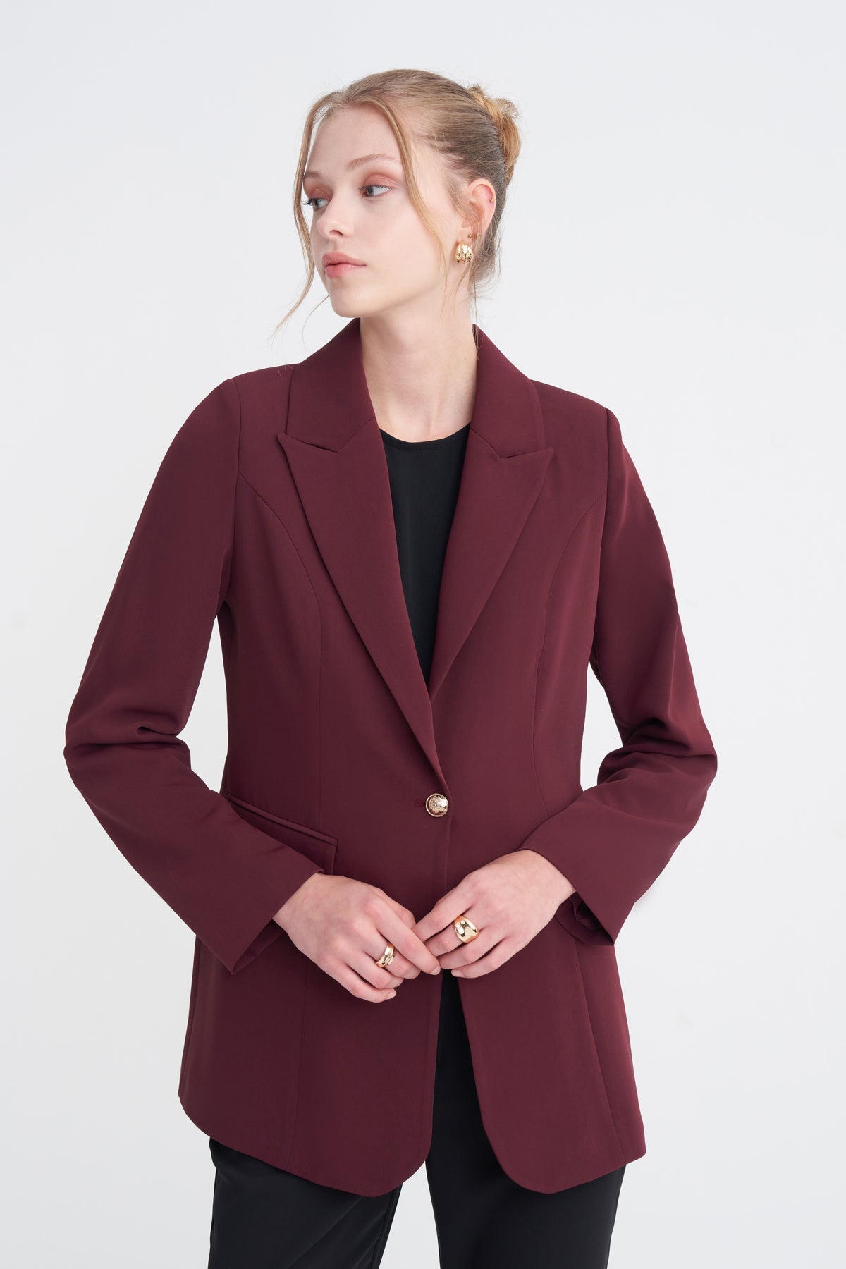 Kruvaze Yaka Tek Düğmeli Blazer Astarlı Bordo Ceket 0070