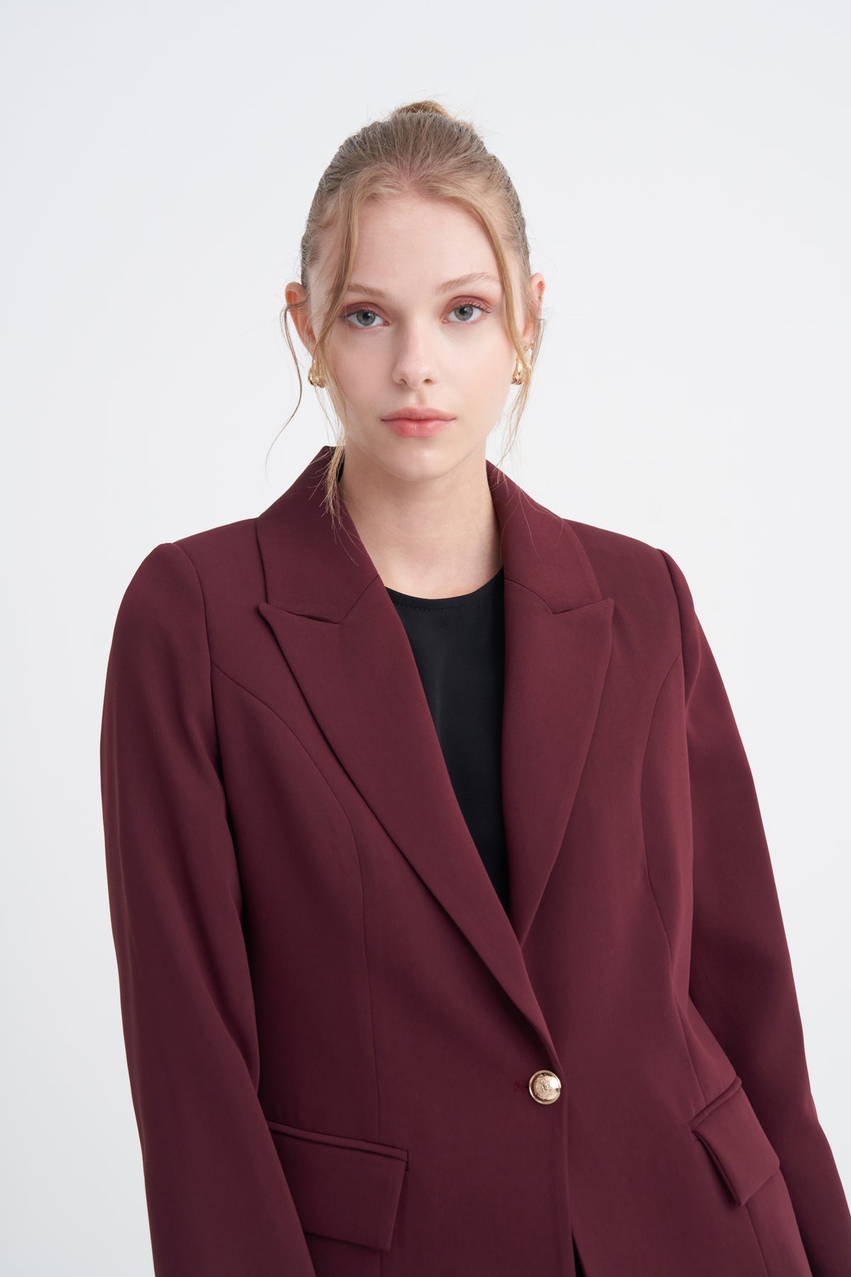 Kruvaze Yaka Tek Düğmeli Blazer Astarlı Bordo Ceket 0070