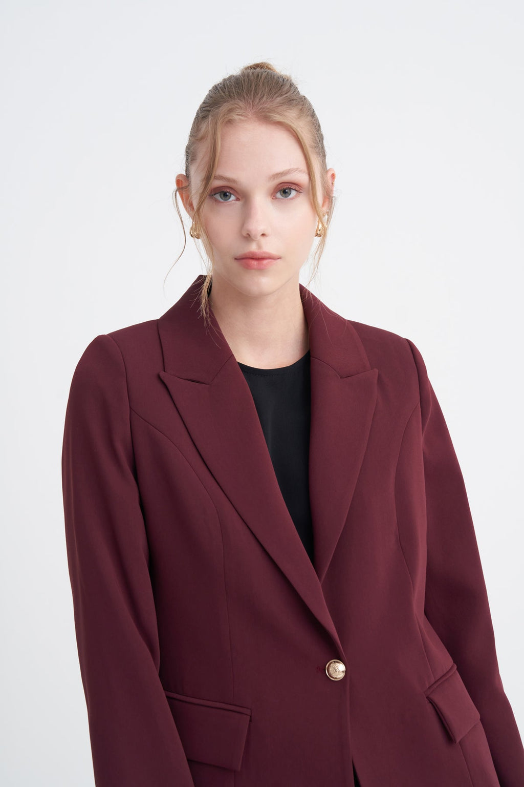 Kruvaze Yaka Tek Düğmeli Blazer Astarlı Bordo Ceket 0070
