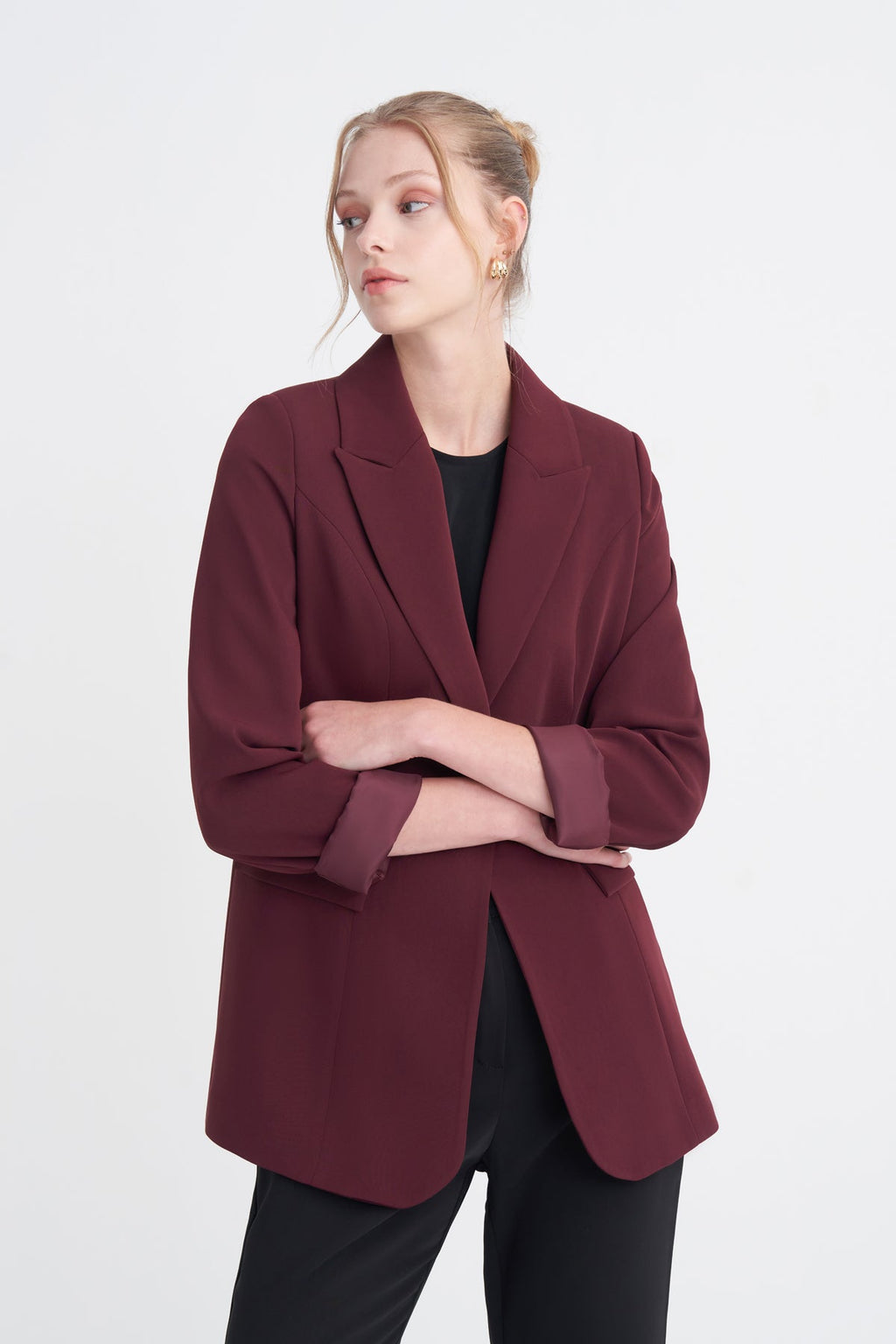 Kruvaze Yaka Tek Düğmeli Blazer Astarlı Bordo Ceket 0070