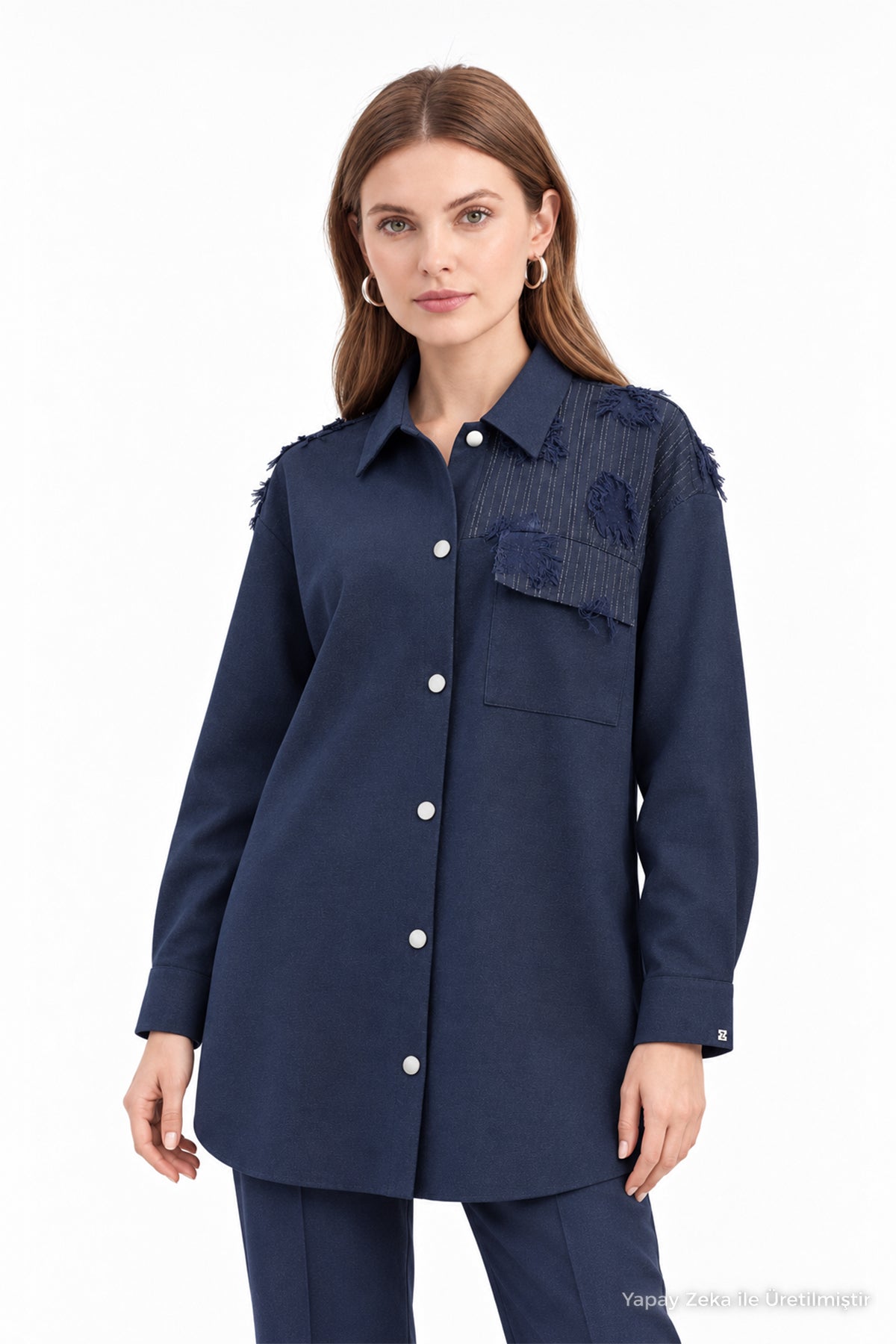 Çizgili Garnili Aplikeli Lacivert Gömlek 0145