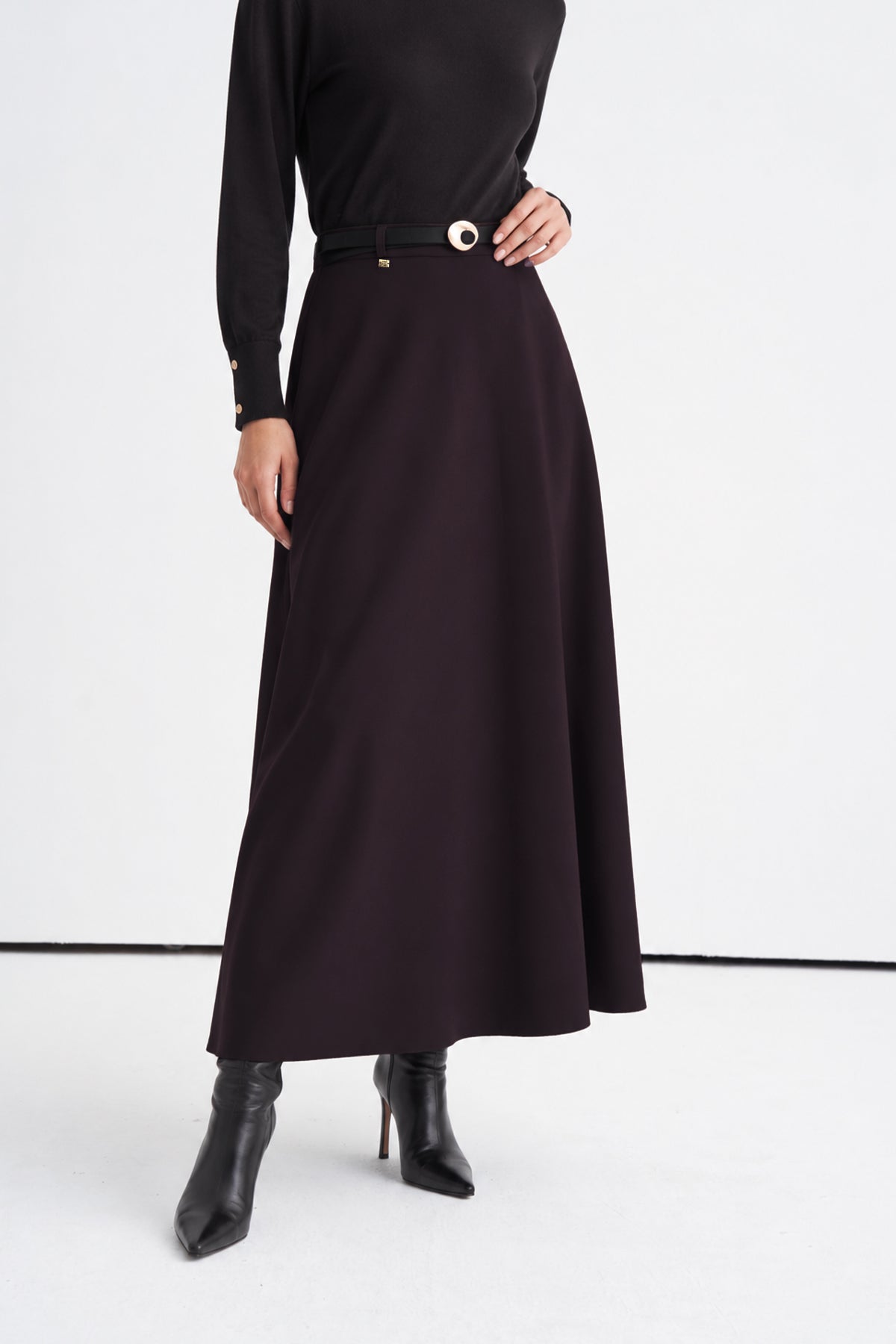 Tokalı Kemerli Kloş Mürdüm Etek 0233