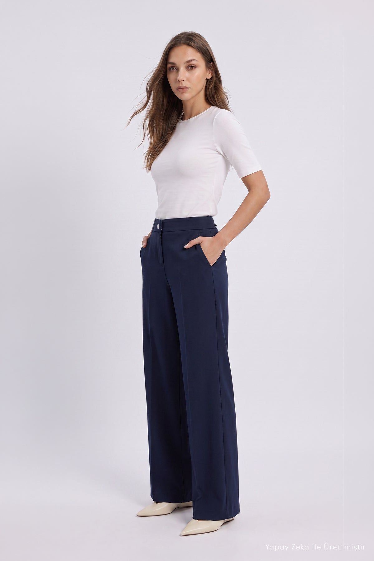 Yüksek Belli Bol Kesim Lacivert Pantolon 0287