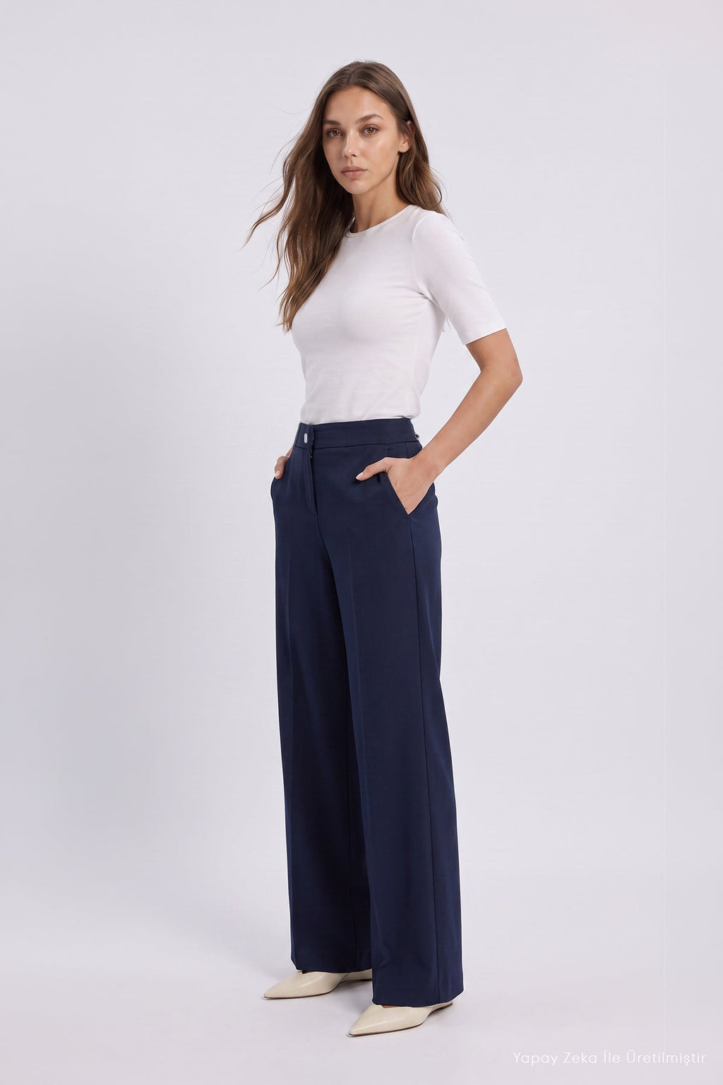Yüksek Belli Bol Kesim Lacivert Pantolon 0287