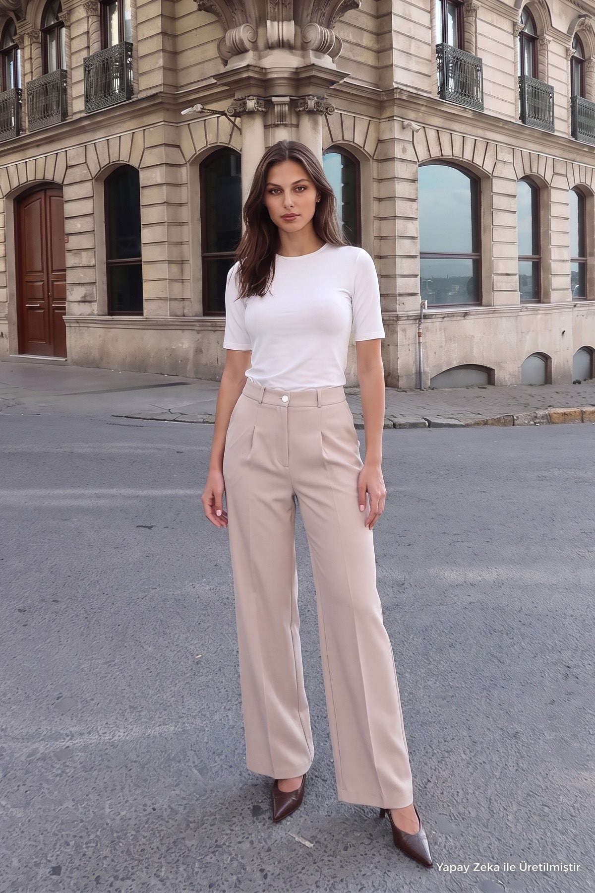Pileli Yüksek Belli Bol Paça Bej Pantolon 0288