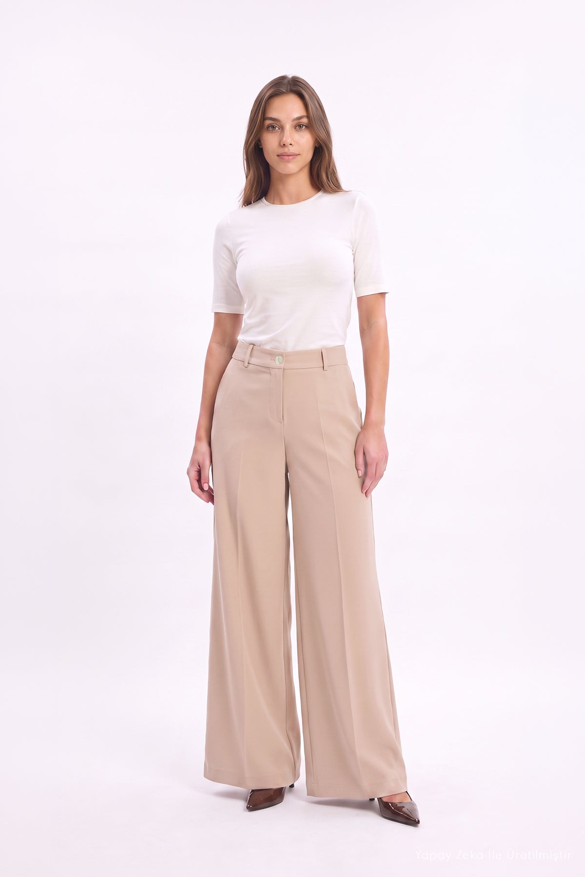 Yüksek Belli Geniş Paça Bej Pantolon 0289