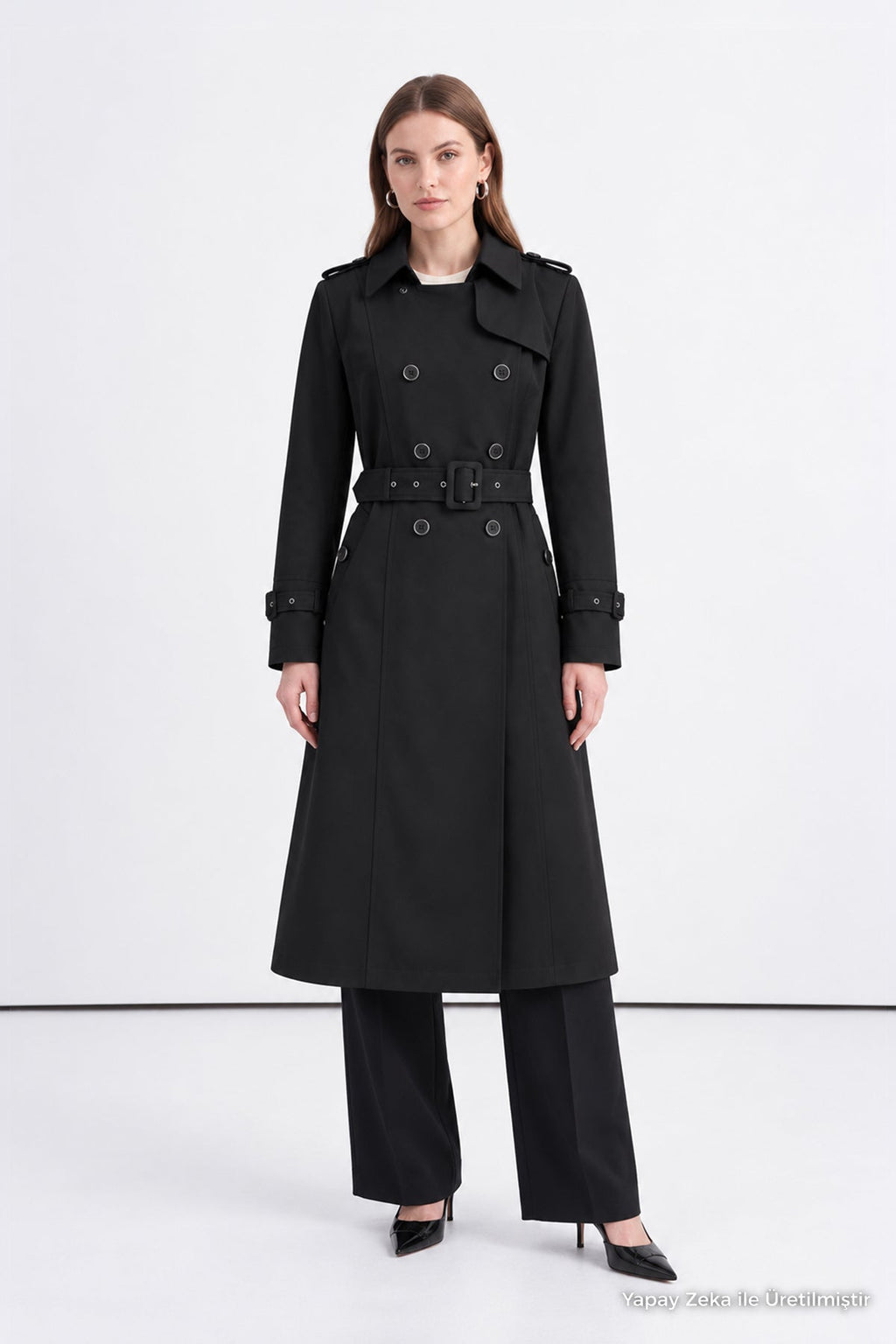 Kruvaze Yaka Apoletli Kemerli Siyah Trençkot 12528