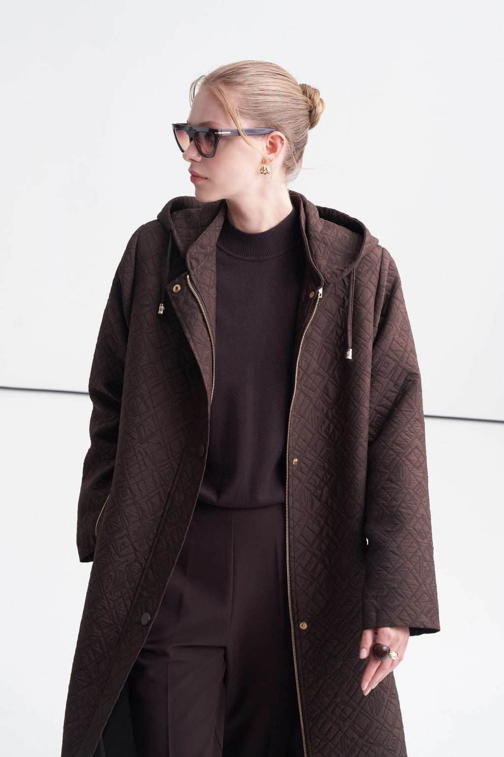 Kapüşonlu Fermuarlı Uzun Kahve Pardesü 13920