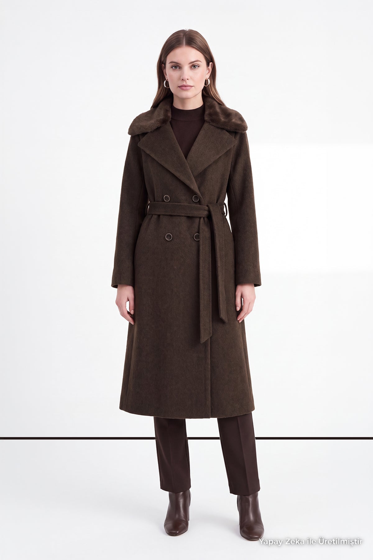 Kürk Yakalı Kuşaklı Kruvaze Kahve Manto 14110