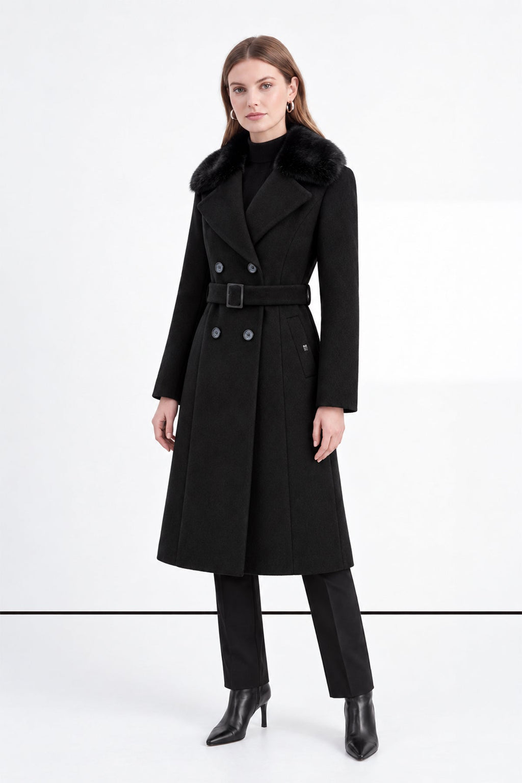 Kürk Yakalı Kemerli Kruvaze Siyah Kaban 14181
