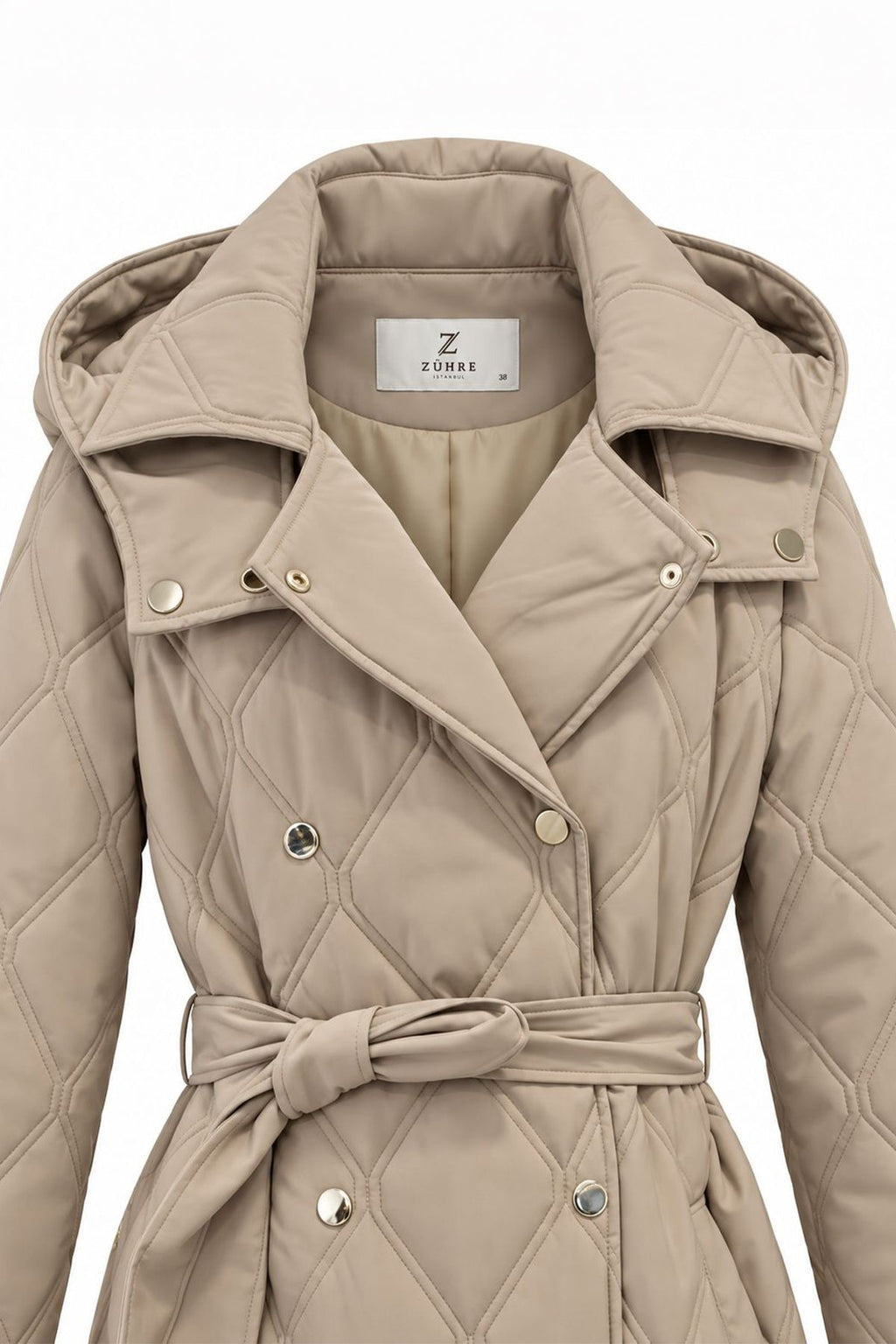 Kapitone Seyyar Kapüşonlu Kuşaklı Kruvaze Bej Mont 14228