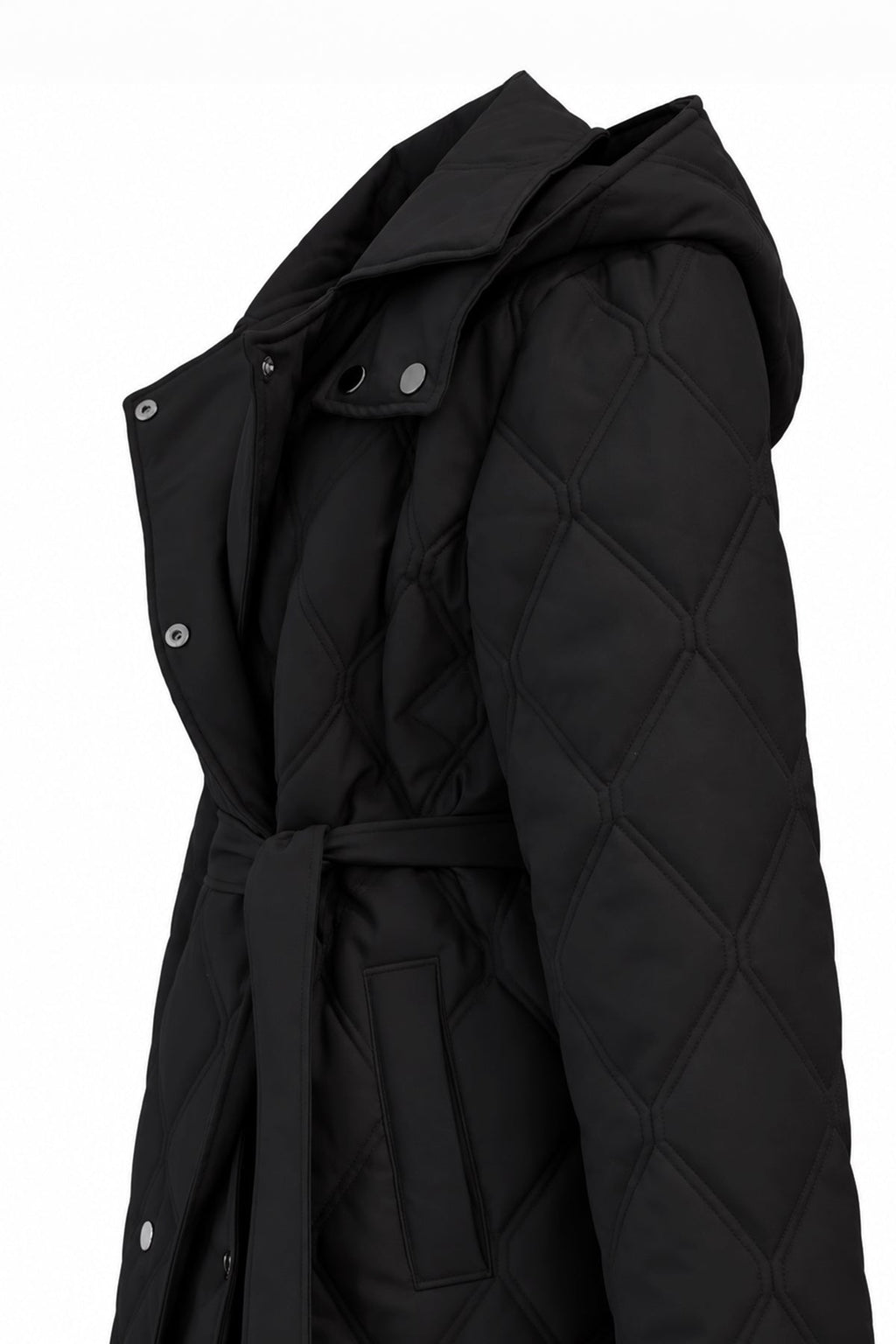 Kapitone Seyyar Kapüşonlu Kuşaklı Kruvaze Siyah Mont 14228