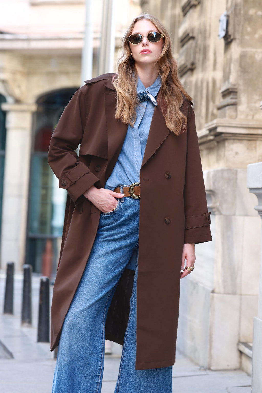 Çift Sıra Düğmeli Oversize Kahve Trençkot 14238