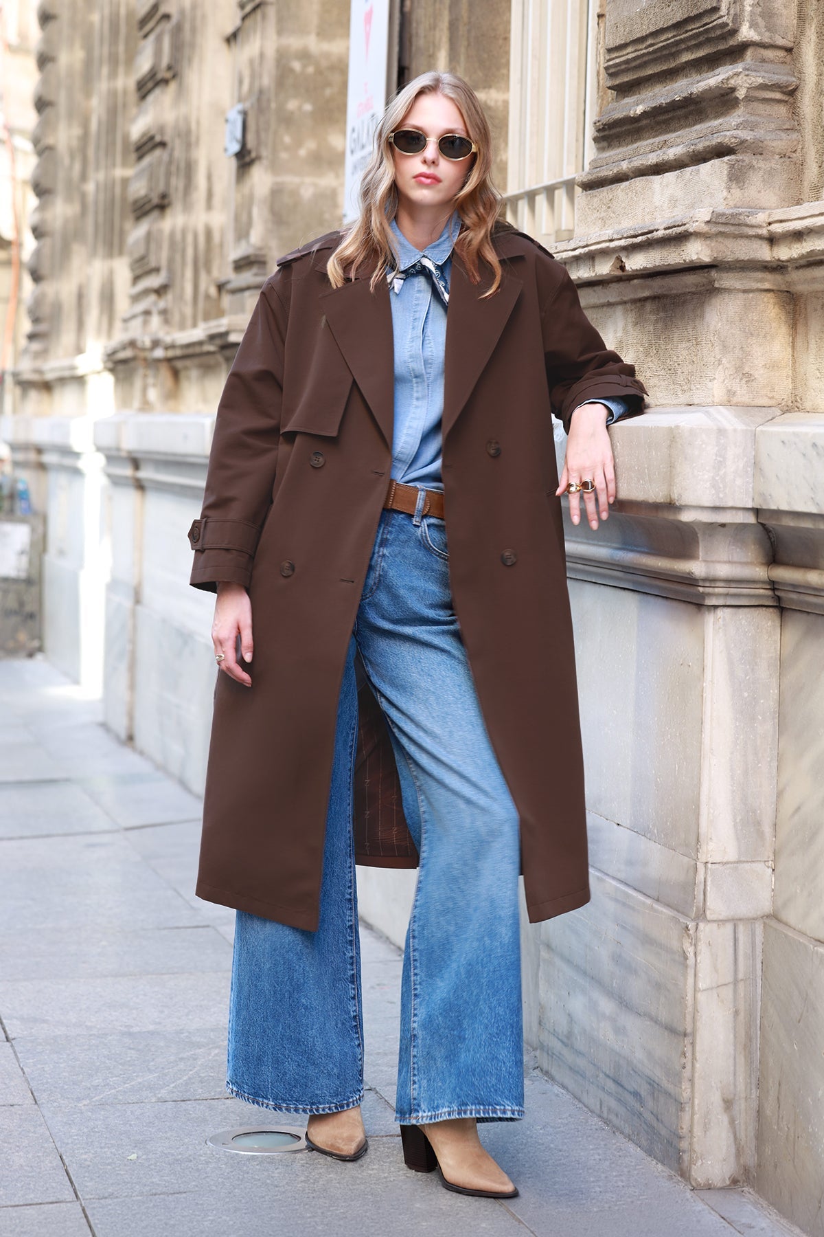 Çift Sıra Düğmeli Oversize Kahve Trençkot 14238
