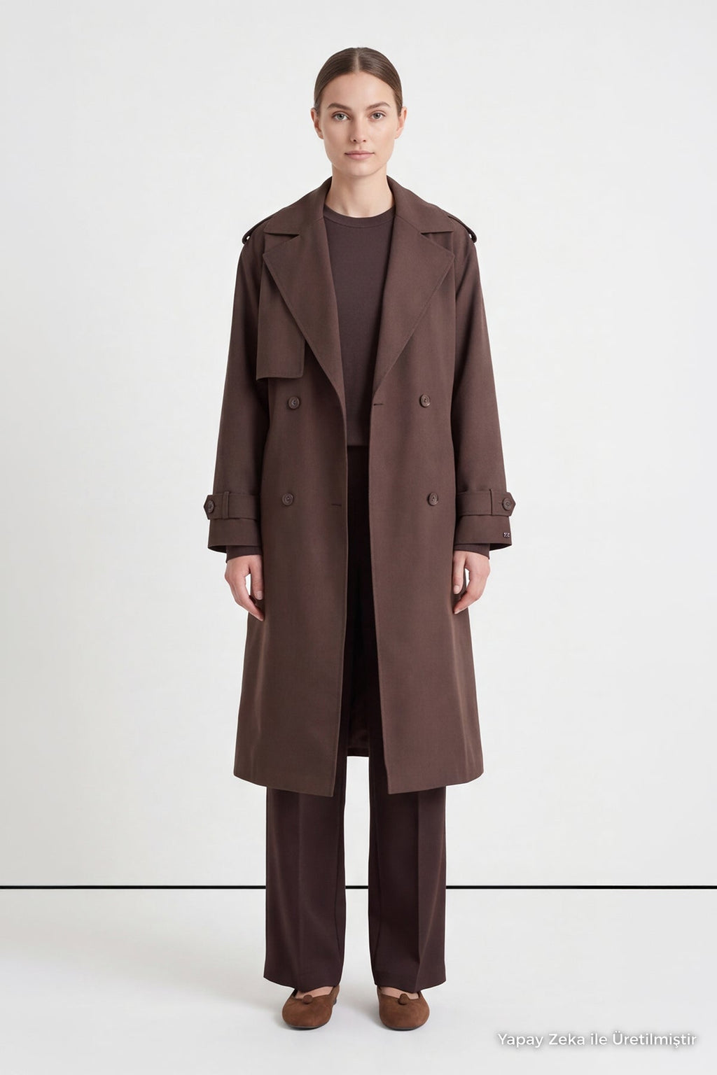 Çift Sıra Düğmeli Oversize Kahve Trençkot 14238