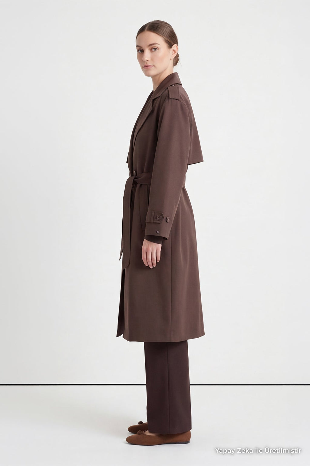 Çift Sıra Düğmeli Oversize Kahve Trençkot 14238