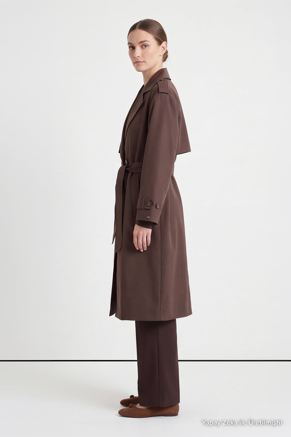 Çift Sıra Düğmeli Oversize Kahve Trençkot 14238