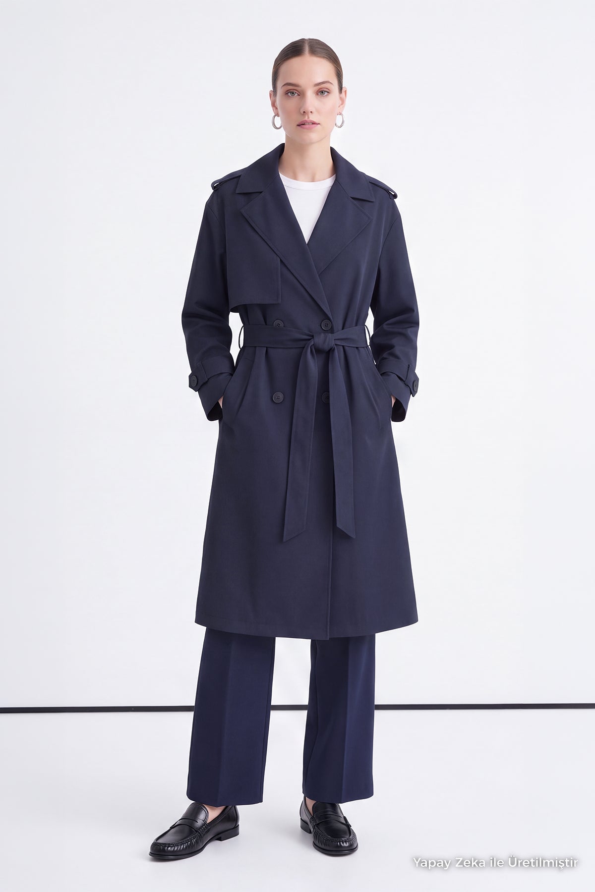 Çift Sıra Düğmeli Oversize Lacivert Trençkot 14238