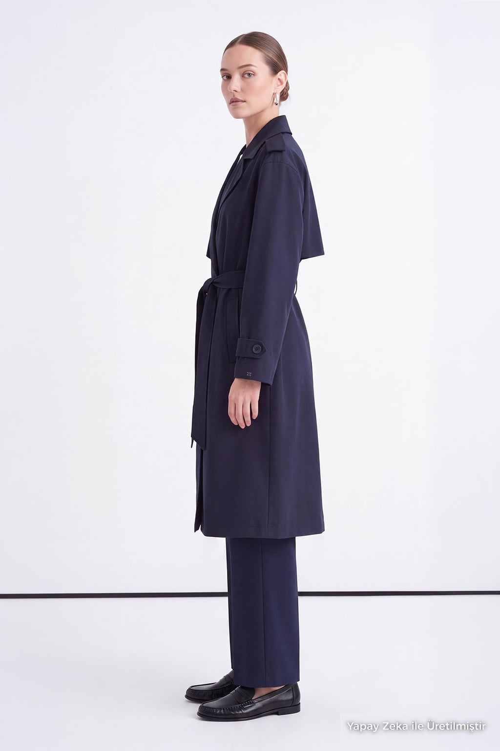 Çift Sıra Düğmeli Oversize Lacivert Trençkot 14238