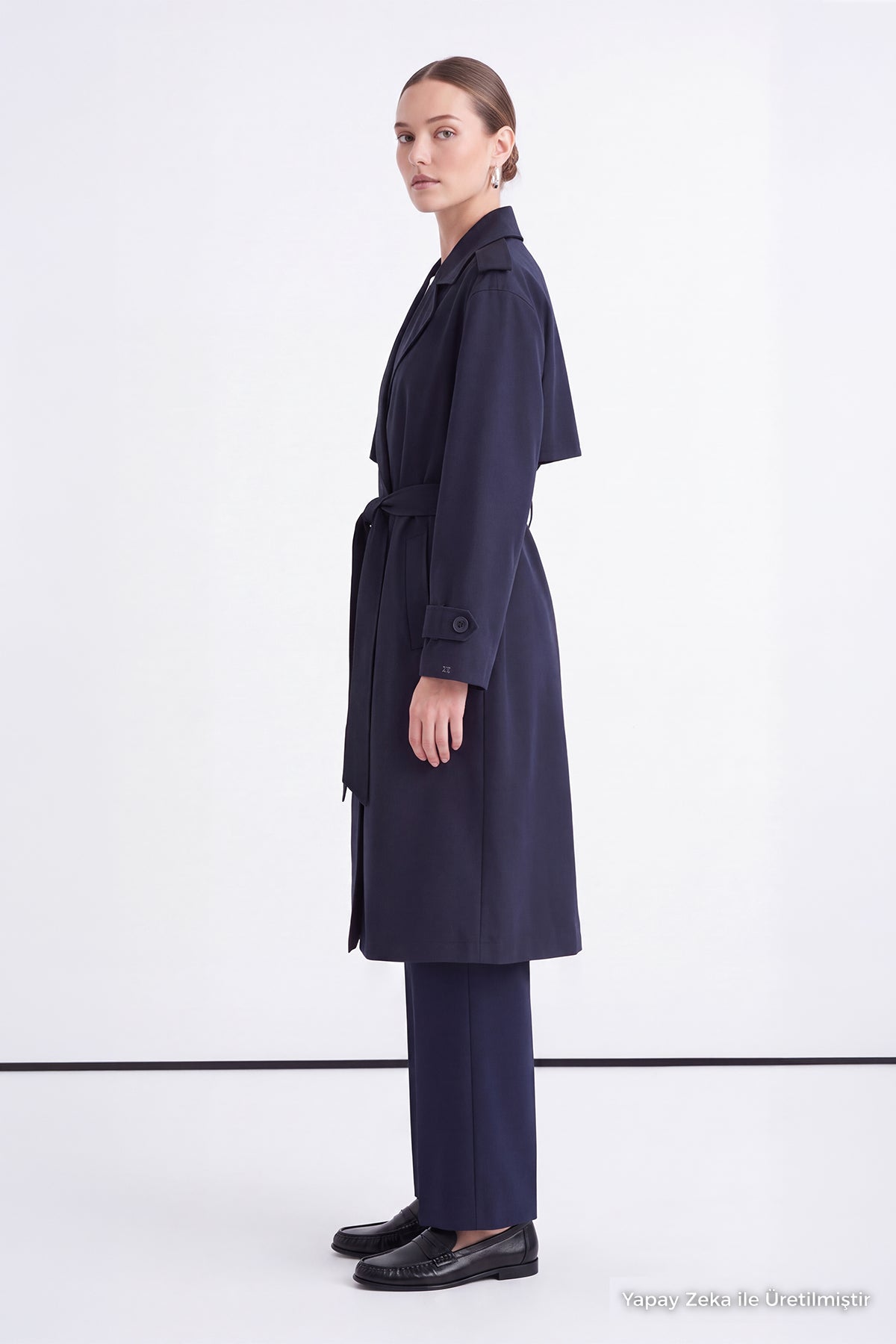 Çift Sıra Düğmeli Oversize Lacivert Trençkot 14238