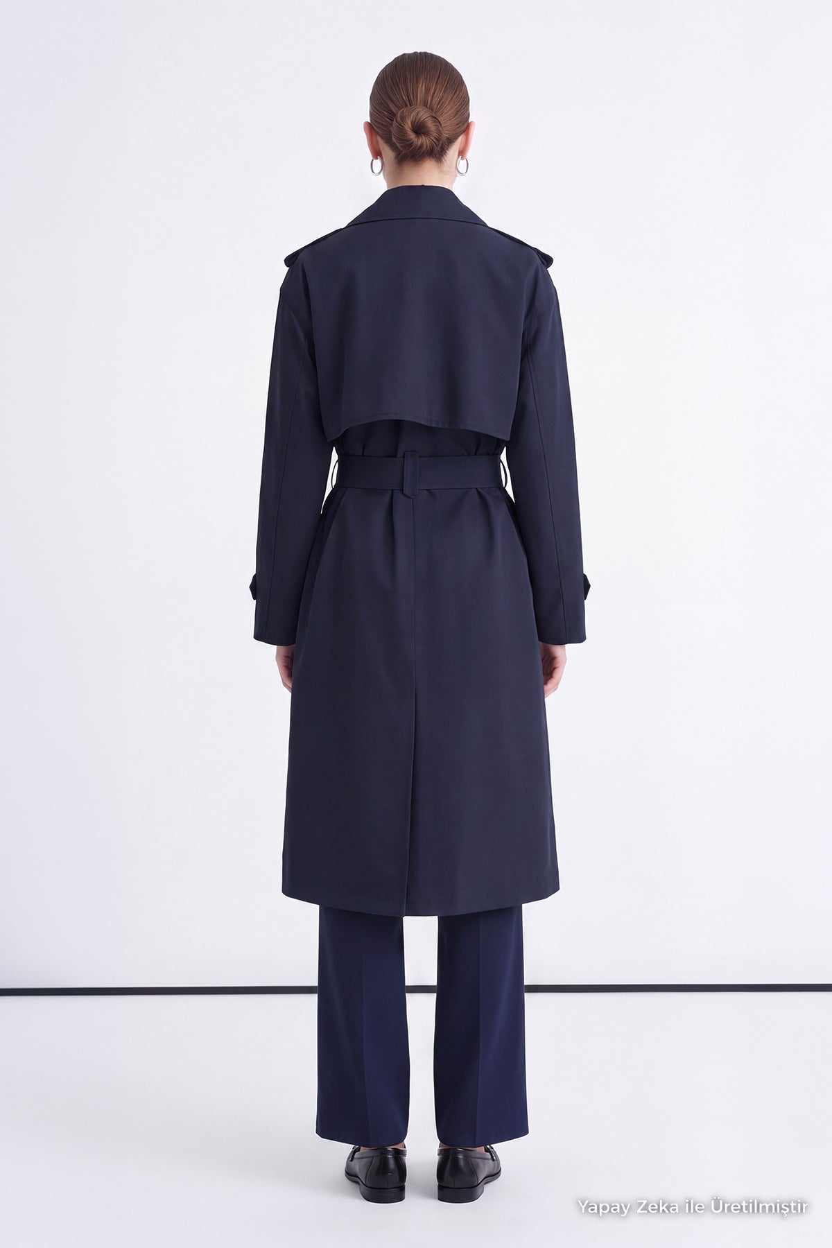 Çift Sıra Düğmeli Oversize Lacivert Trençkot 14238