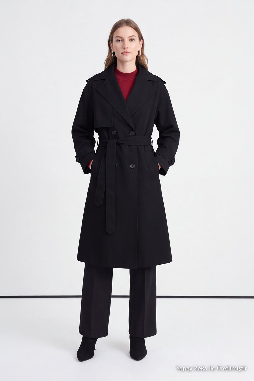 Çift Sıra Düğmeli Oversize Siyah Trençkot 14238