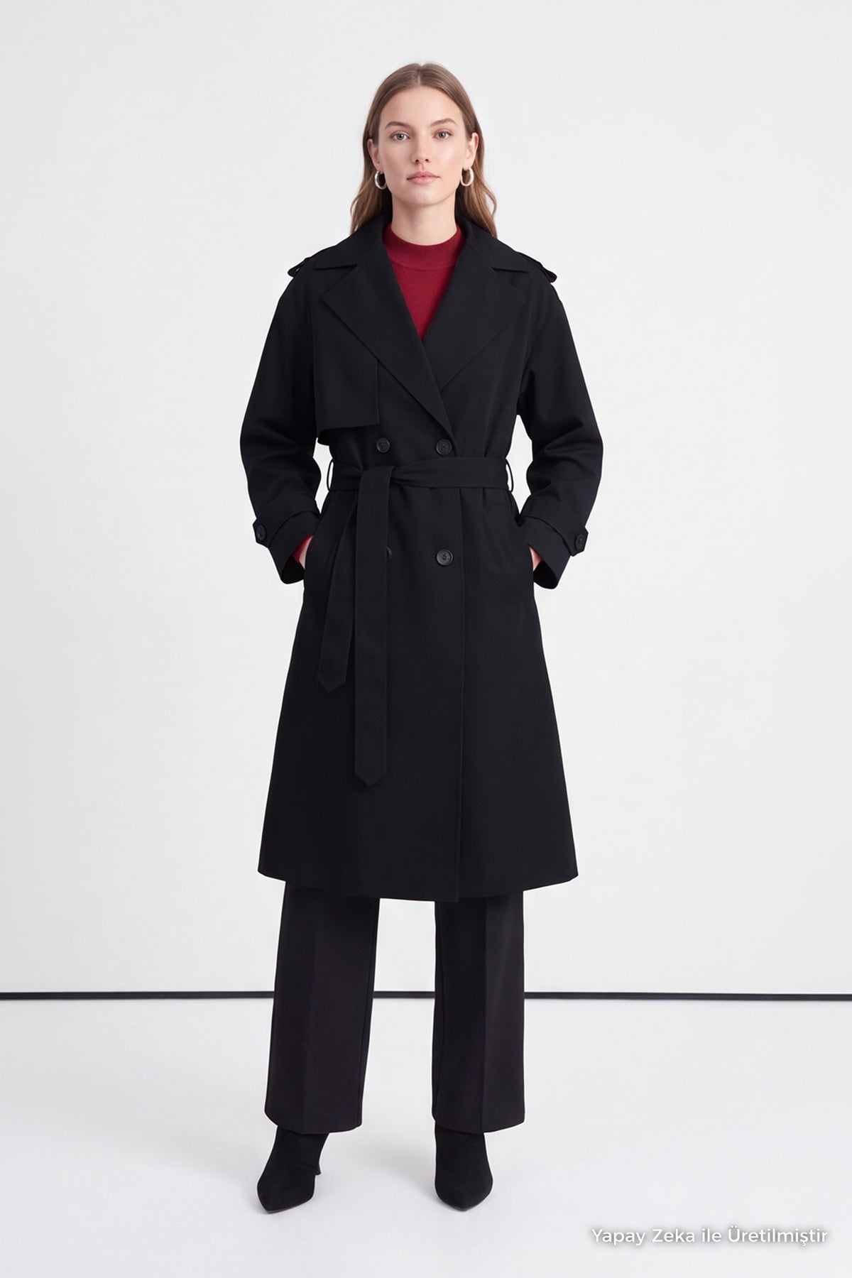 Çift Sıra Düğmeli Oversize Siyah Trençkot 14238