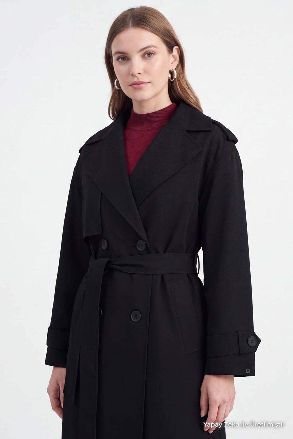 Çift Sıra Düğmeli Oversize Siyah Trençkot 14238